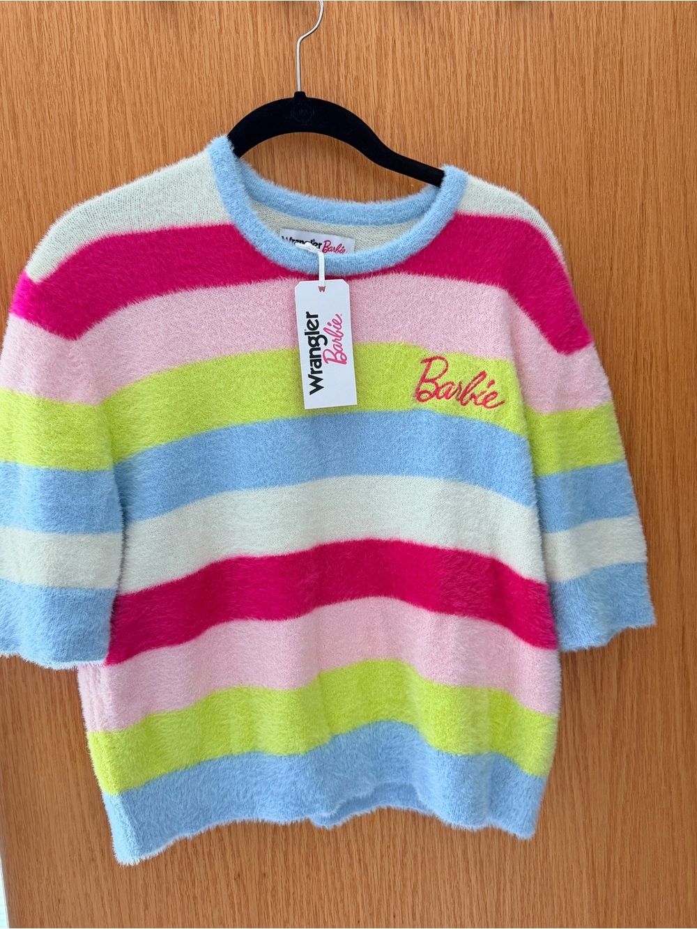 Wrangler Bright Pink Multi-Stripe Cropped Fuzzy Sweater
